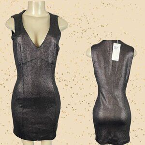 Lucy & Co. Jrs L Coffee Metallic Lined V-Neck Sleeveless Body-Con Mini Dress